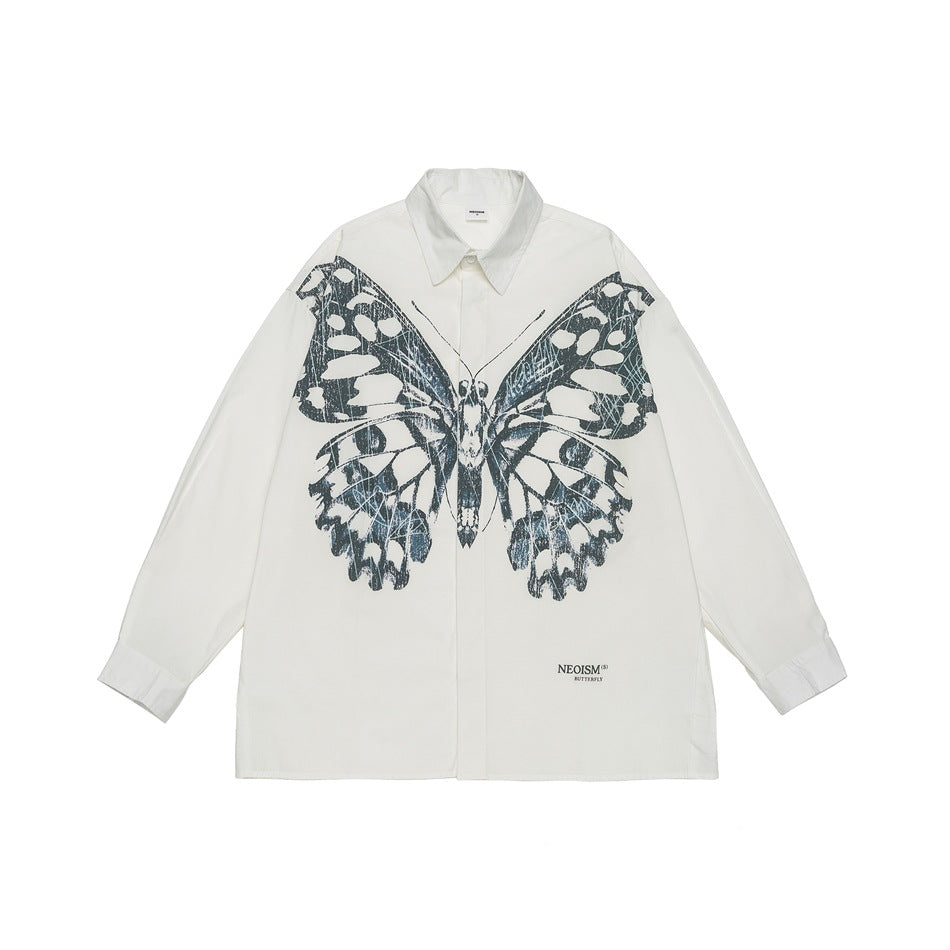 Butterfly Print Workwear Shirt Men's Casual Loose Long Sleeve